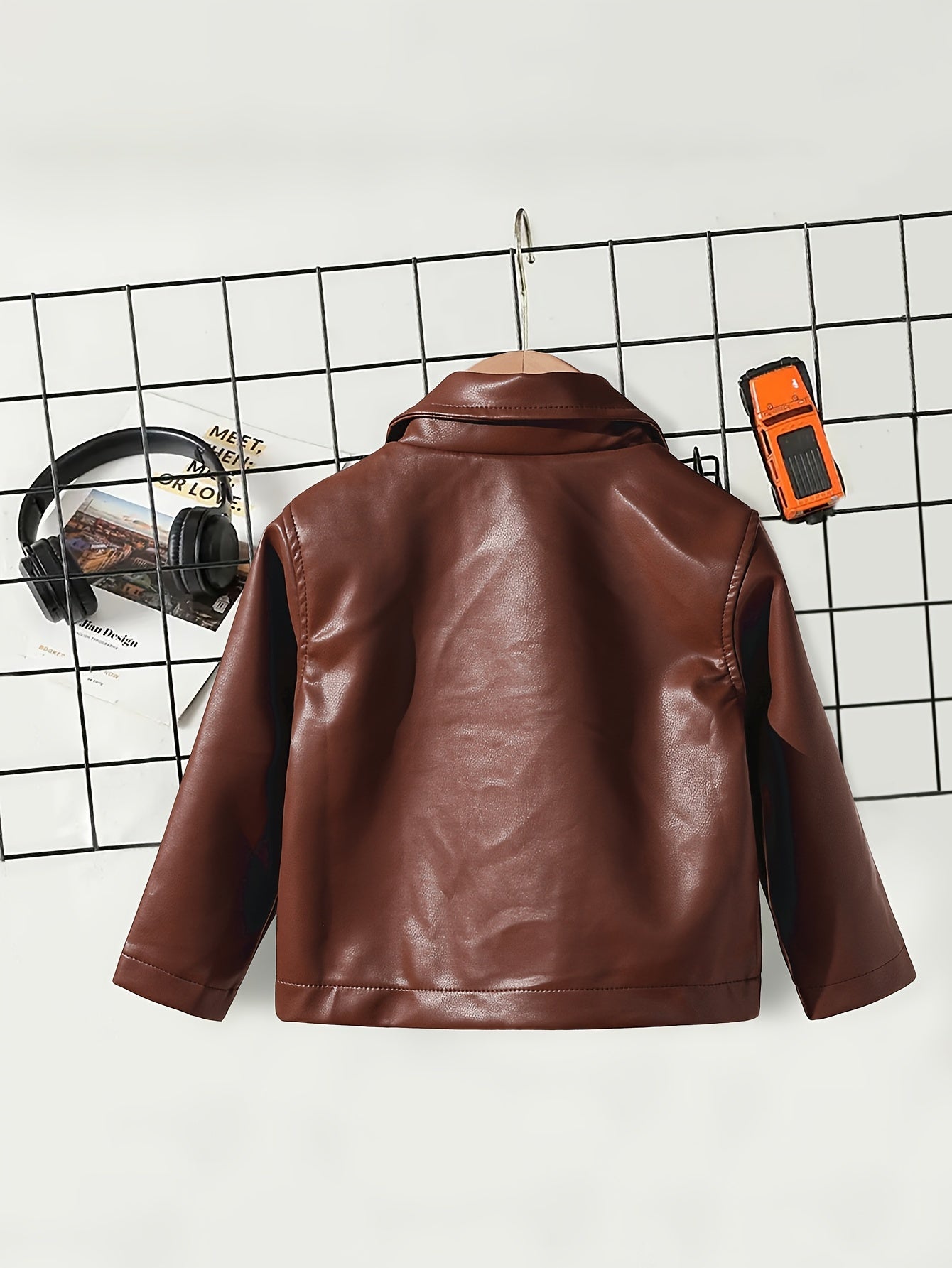 Kids Brown PU Jacket with Zipper, Lapel Collar, Faux Pockets for All-Season Casual Wear