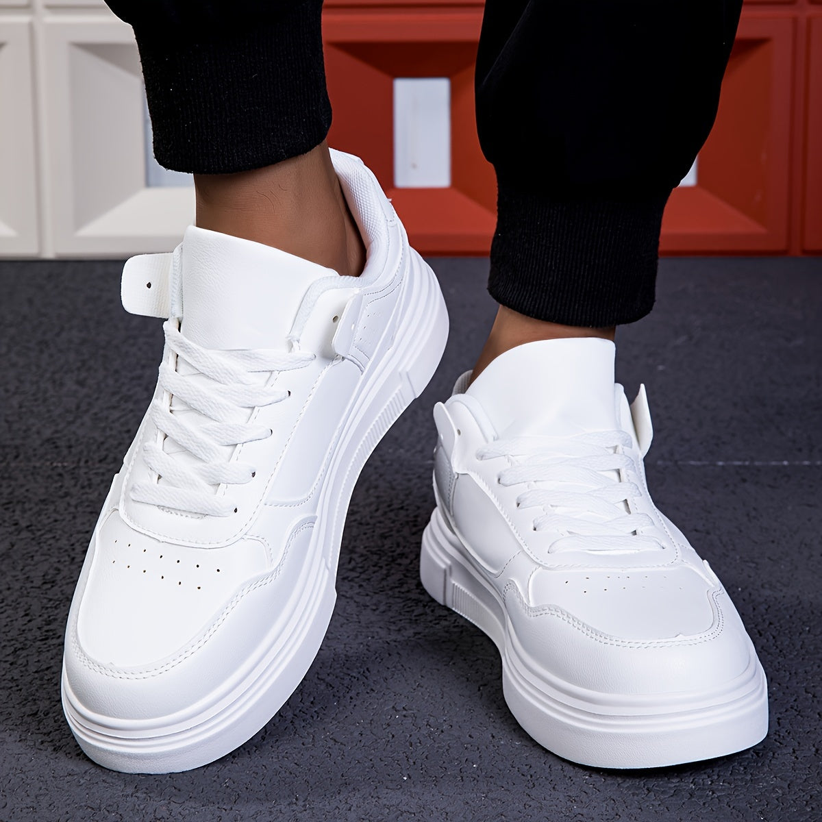 Men's White Casual Sneakers Low Top Lace-Up EVA Sole All-Season Sports Footwear