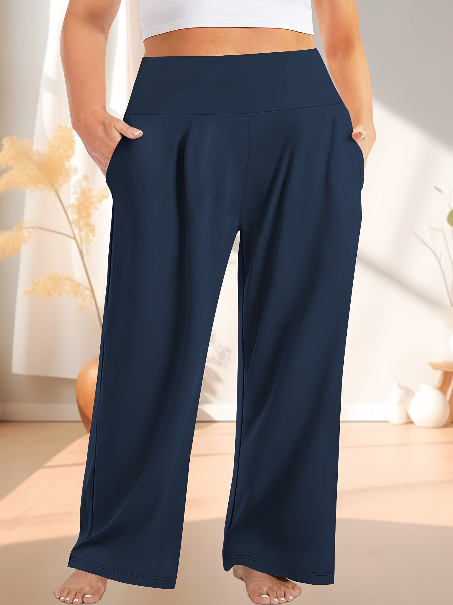 Women's Plus Size High-Waisted Wide Leg Breathable Yoga Pants With Pockets