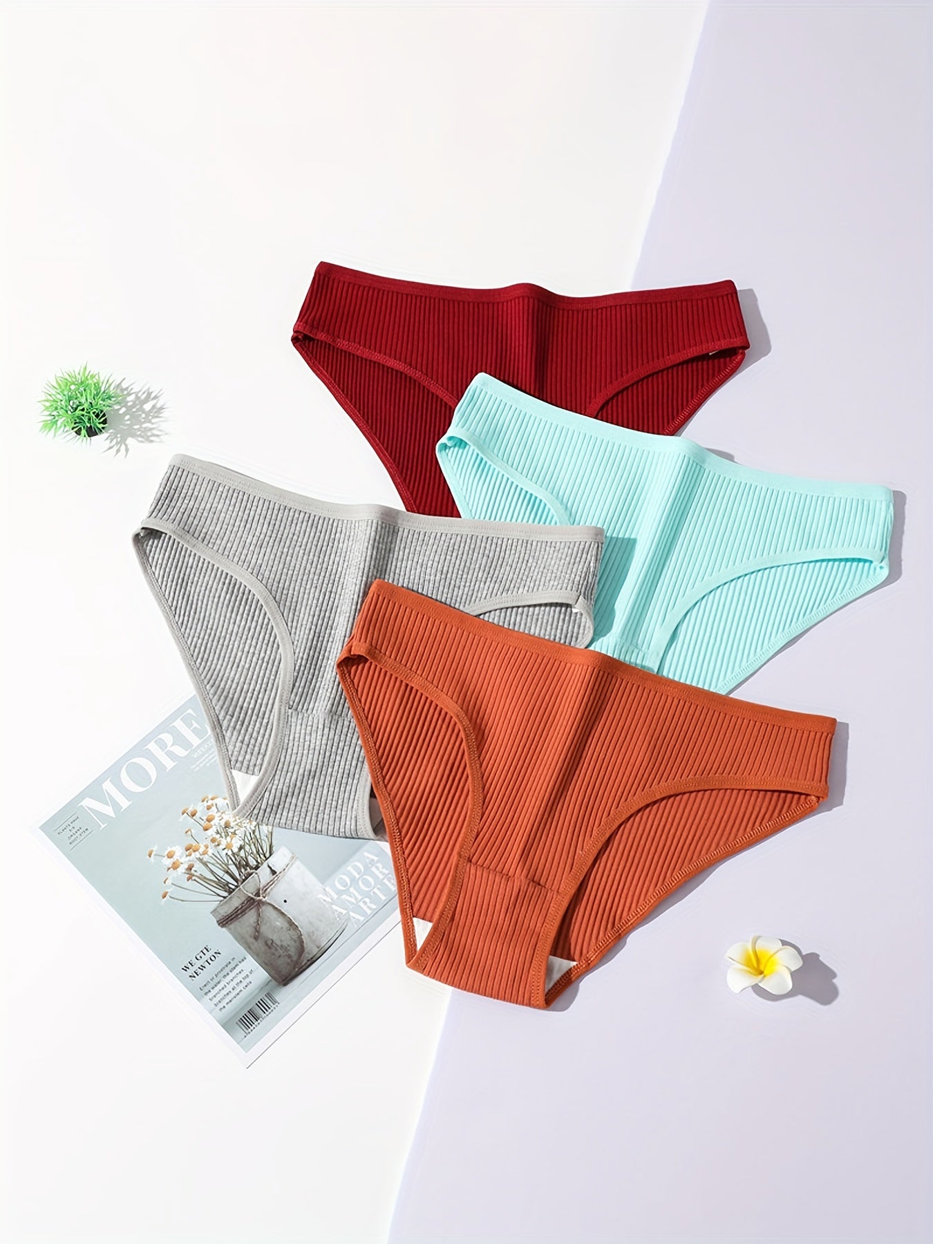 Women's Briefs Low-Rise Breathable Double-Layered Soft Ribbed Stretch 5 Pack in Red Gray Teal Orange Black
