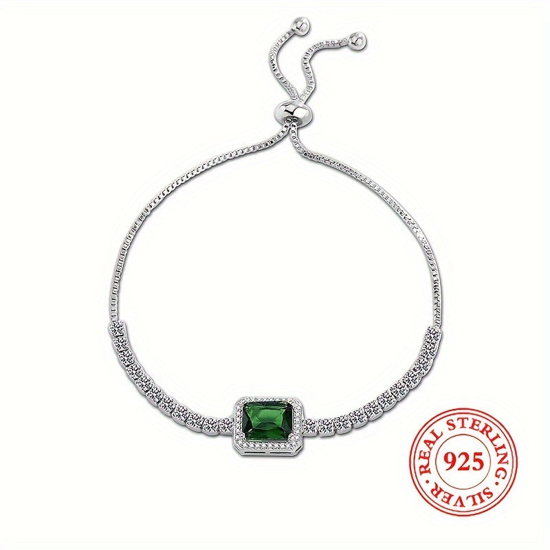 Women's Silver Bracelet with Green Zirconia Stones Adjustable Jewelry for Daily and Special Occasions