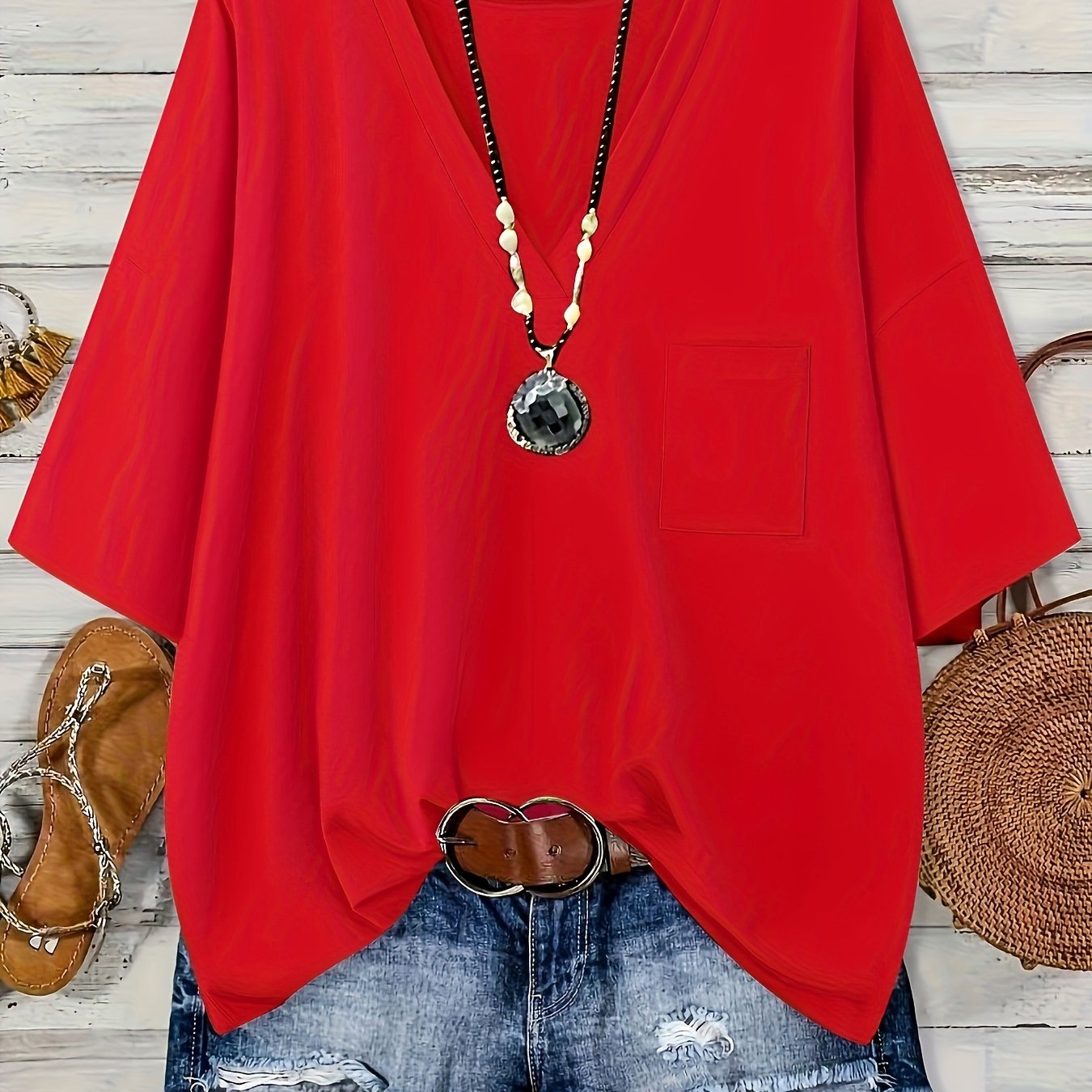 Women's Plus Size V-Neck Loose Top with Pockets Black Casual Summer Blouse