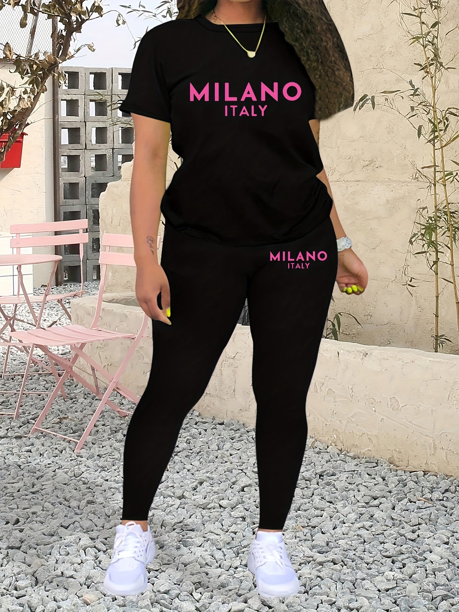 Women's Plus Size Graphic Tee And Leggings Set Polyester Stretch Casual