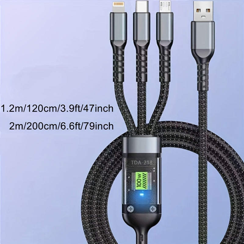 100W 3-in-1 Fast Charging Cable Nylon Round Matte USB to Lightning Micro Type-C Data Transmission