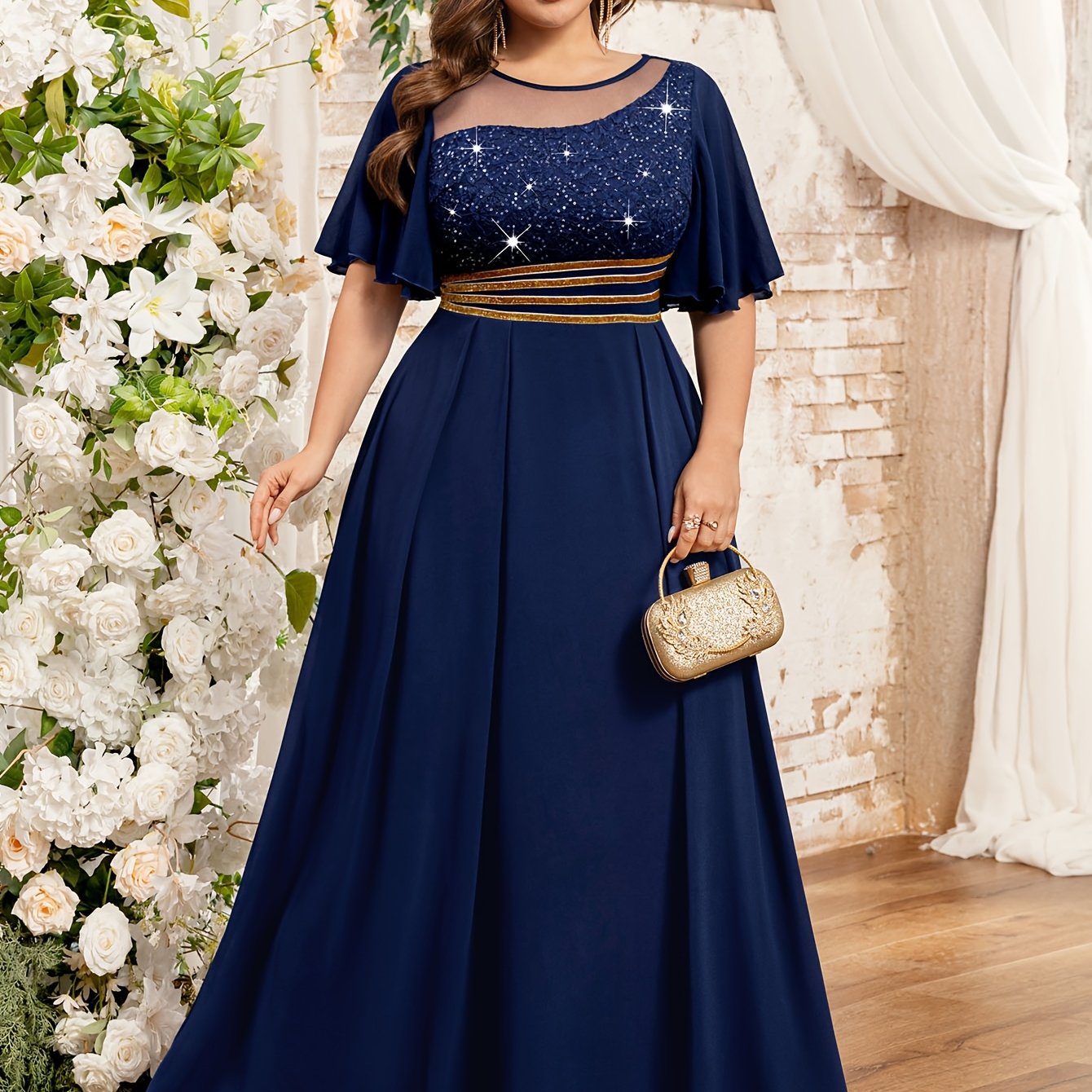 Plus Size Women's Mauve Lace Beaded Formal Floor-Length Dress for Weddings