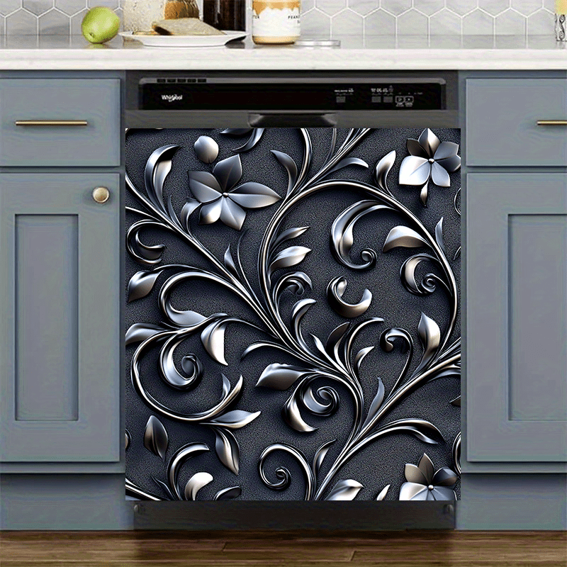 Qorong'i gul bosilgan idish-tovoq magnit stiker, suv o'tkazmaydigan, bezakli oshxona texnikasi, qora, kumush barg, 58.5x65 sm
