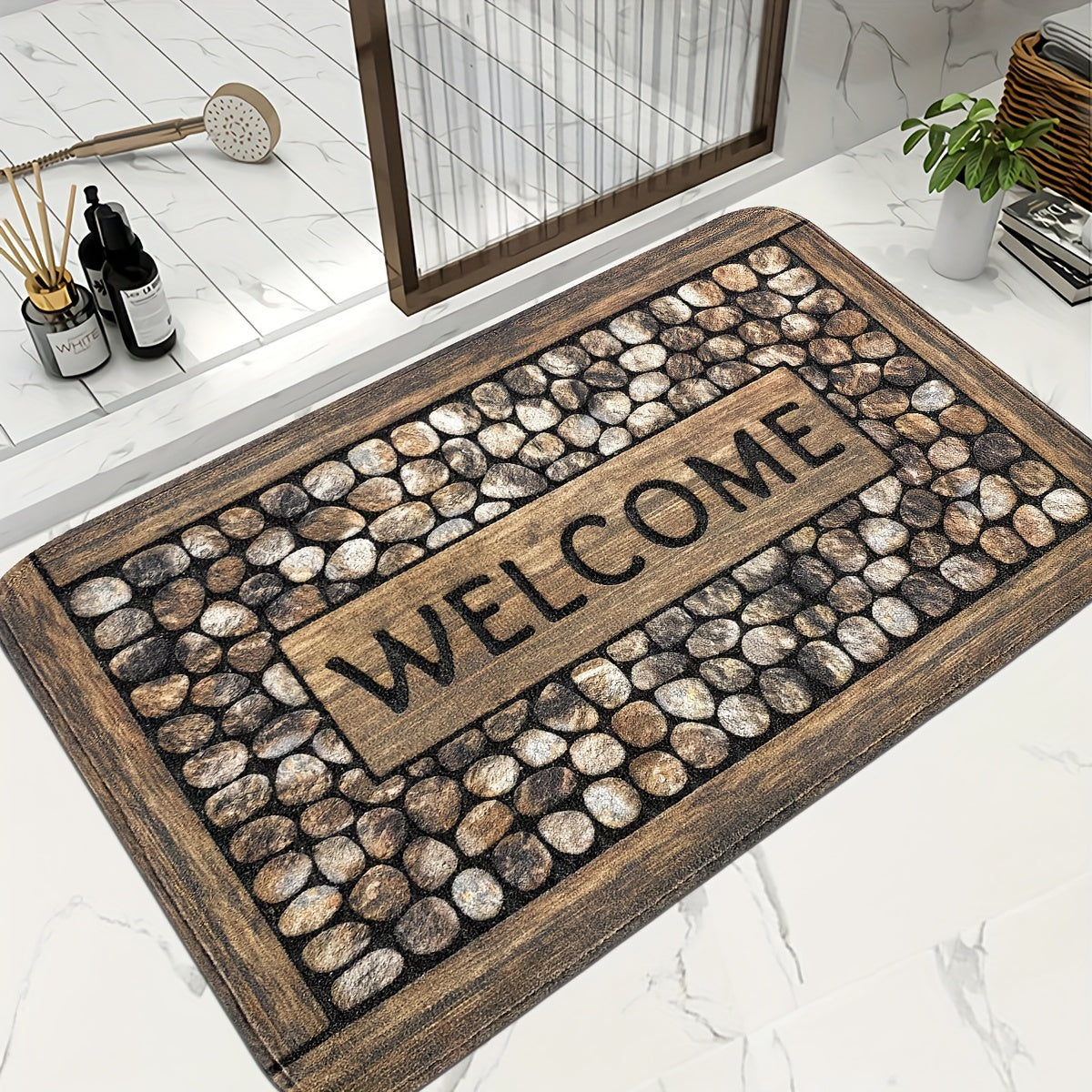 Stone Pattern Door Mat Rug Spill-Resistant Easy to Clean Entryway Bedroom Living Room Kitchen Bathroom
