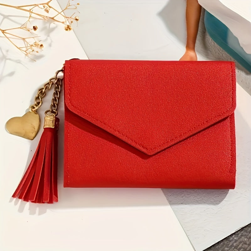 Women's Trifold Wallet with Faux Clutch Coin Purse and Tassel Charm in Red or Black