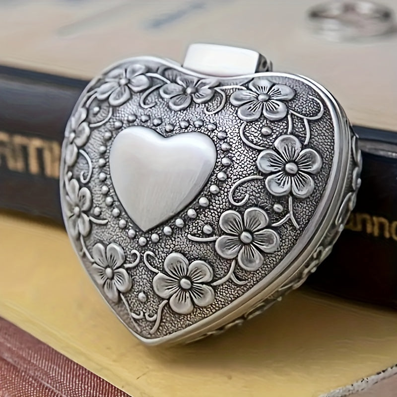 Joyero de estilo bohemio en forma de corazón de plata con patrón floral y soporte para anillos