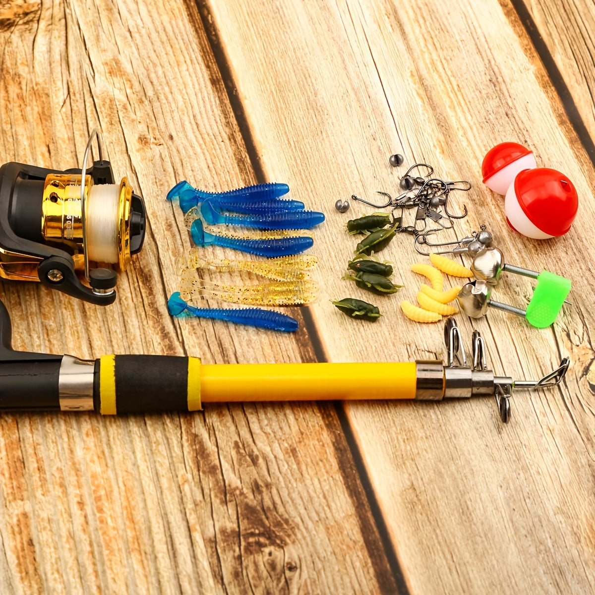 Telescopic Fishing Rod and Reel Combo with Soft Bait Set, Carry Case, Medium Fast Action, Fiberglass, Yellow