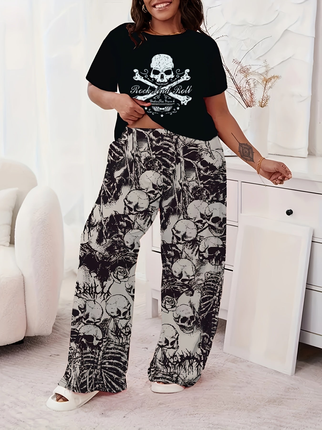 Women's Pajama Set Loose Short Sleeves Gothic Skull Print Nightwear