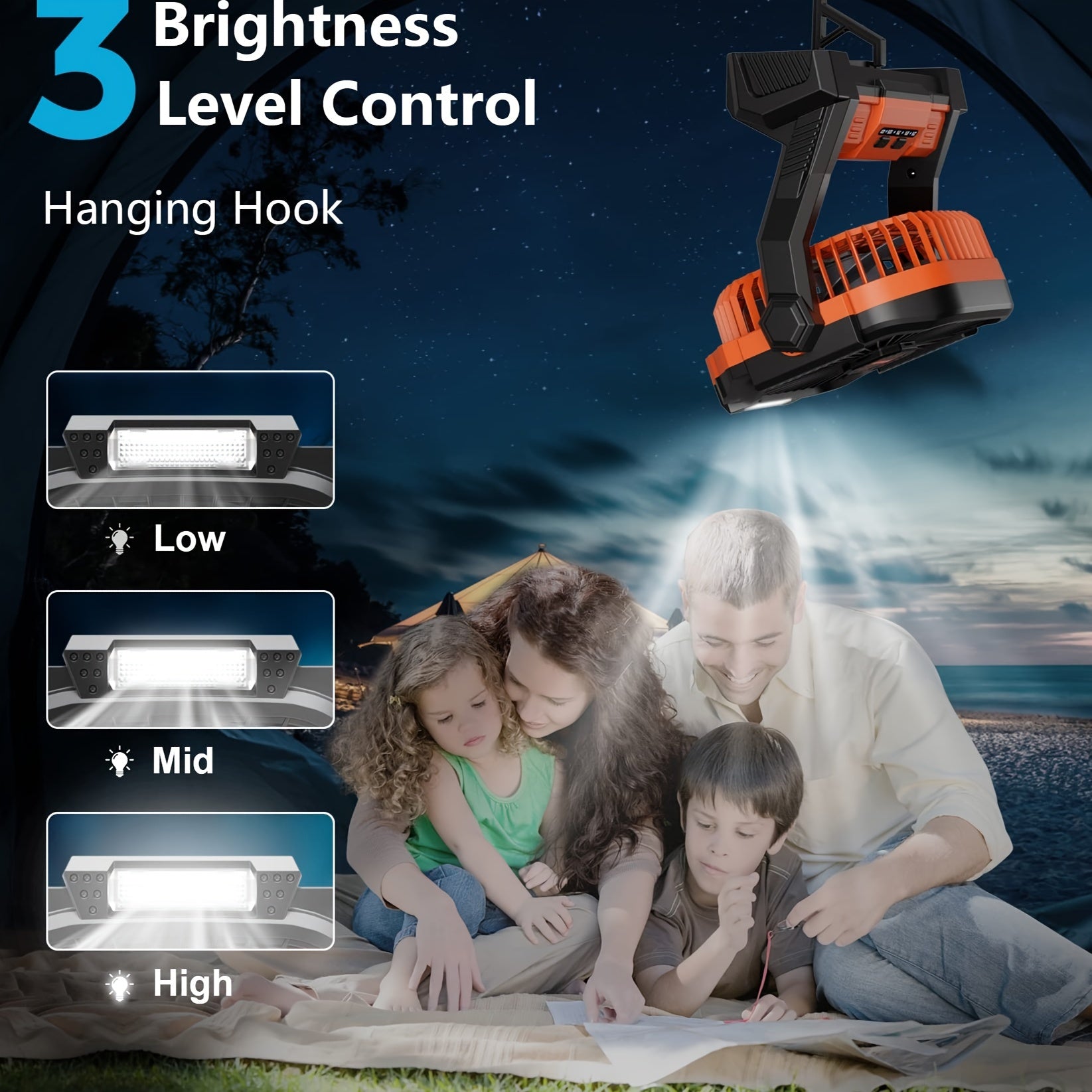 Portable Personal Fan with LED Light and Hook, USB Rechargeable, 4 Speeds