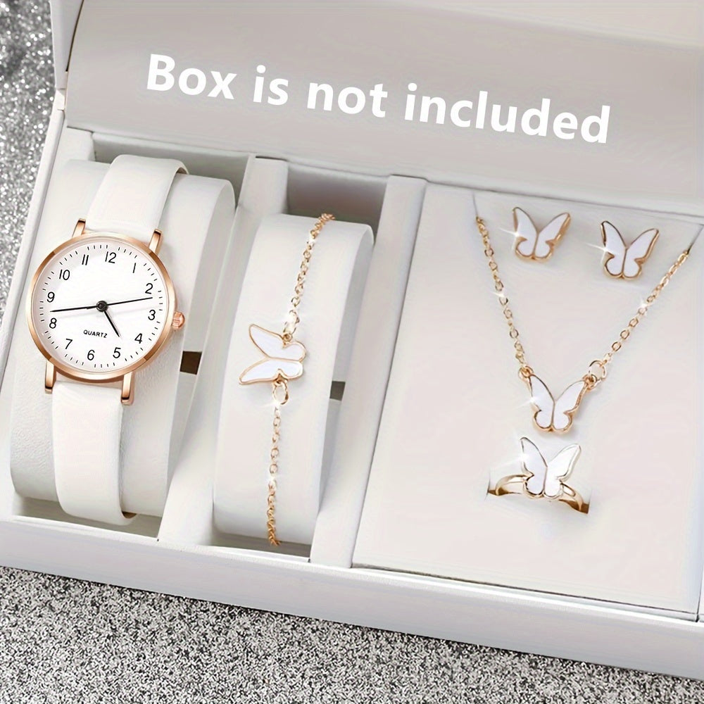 Women's Quartz Watch with PU Leather Band and Butterfly Jewelry Set, Stylish Round Alloy Case