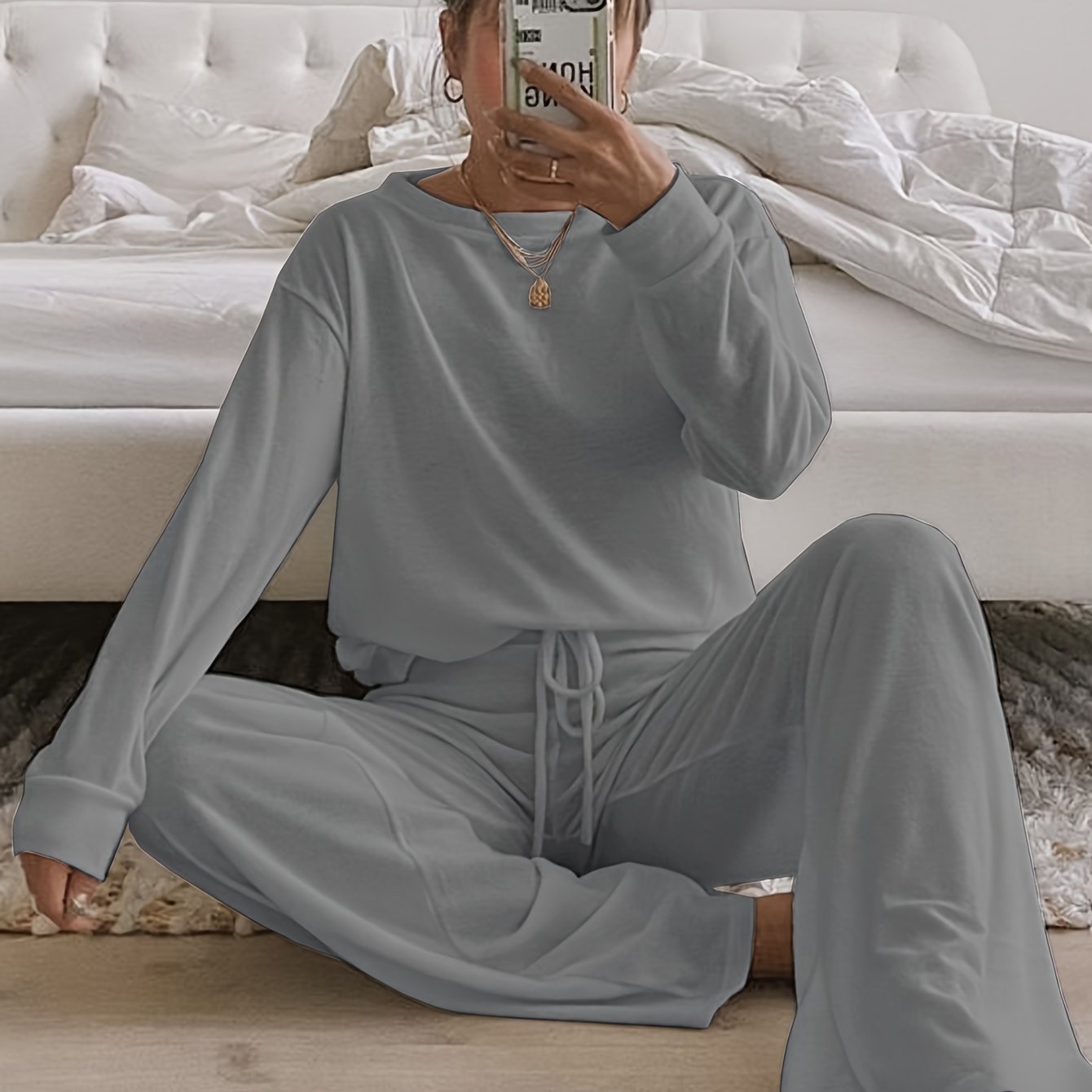 Women's Brushed Fabric Loungewear Set in Solid Color with Crew Neck and Long Pants for Fall Winter