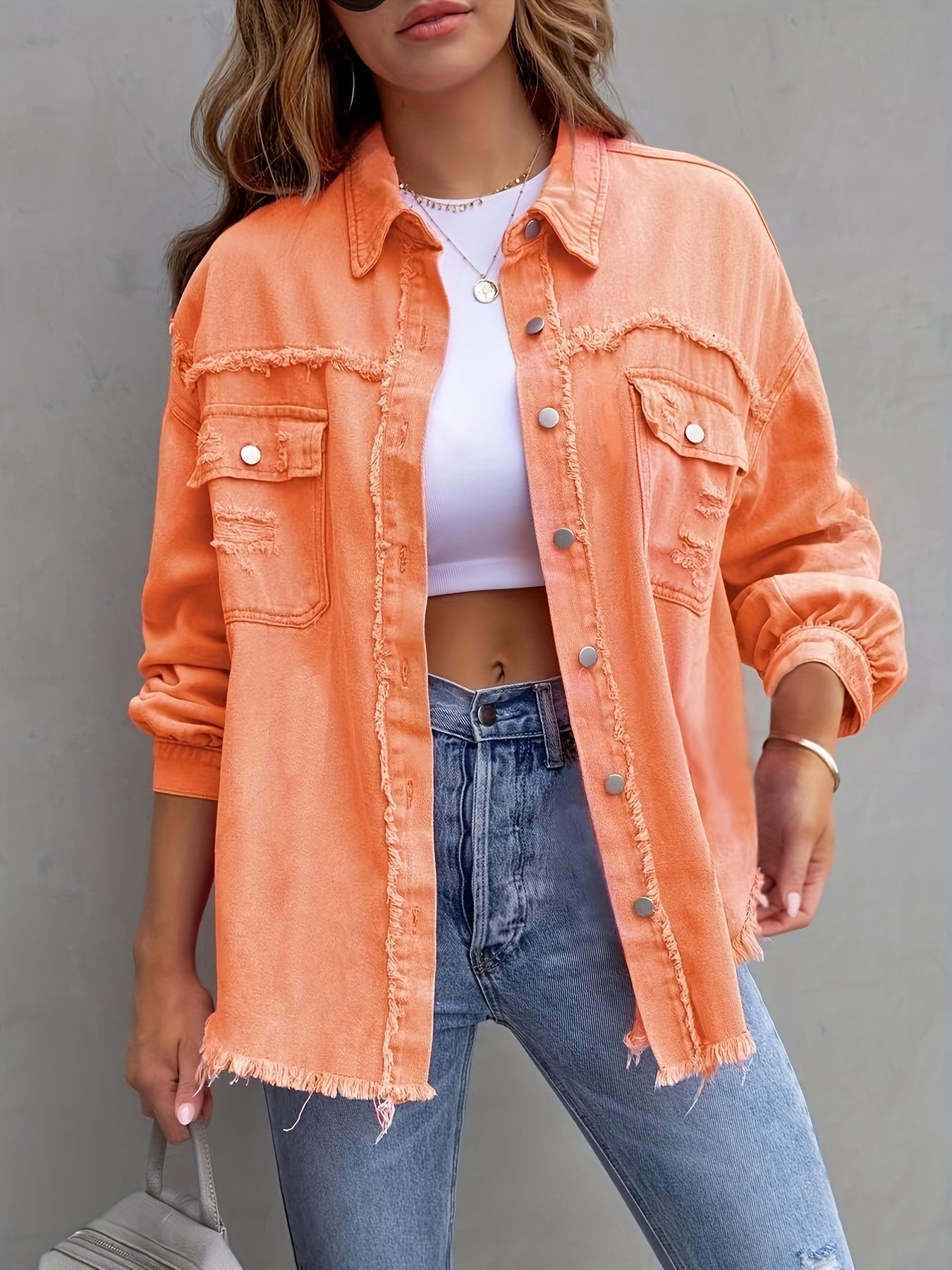 Women's Plus Size Distressed Denim Shirt with Lantern Sleeves Solid Color Casual Fit