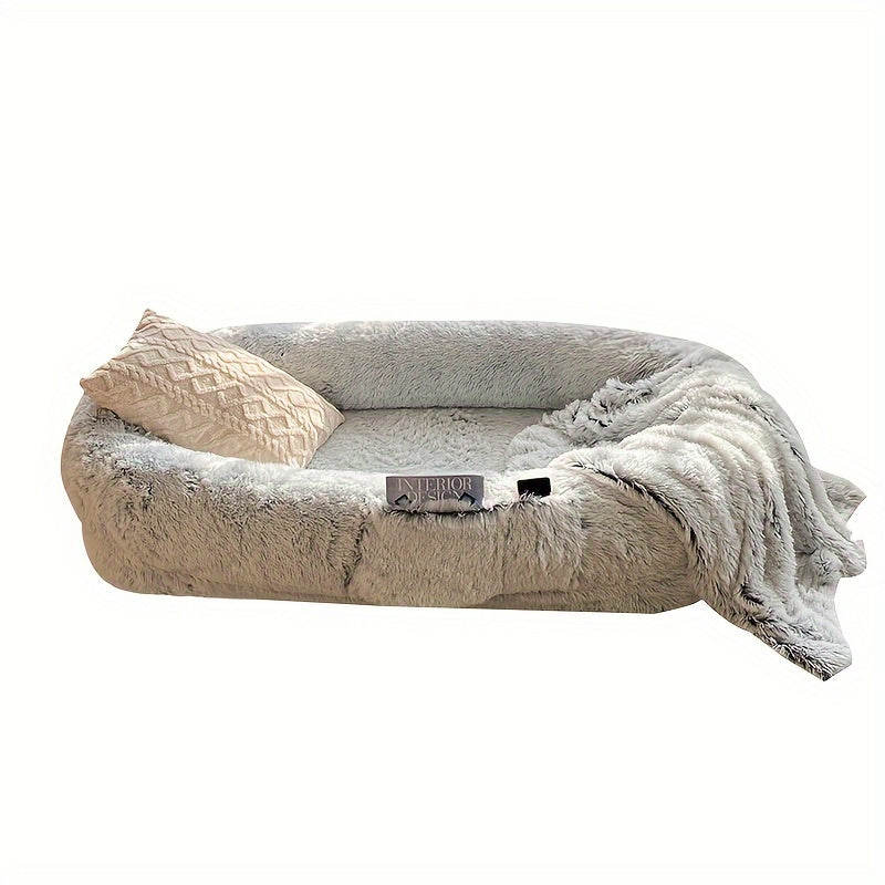 Oval-Shaped Plush Dog and Human Bed Gray Non-Slip Washable Cozy Sofa