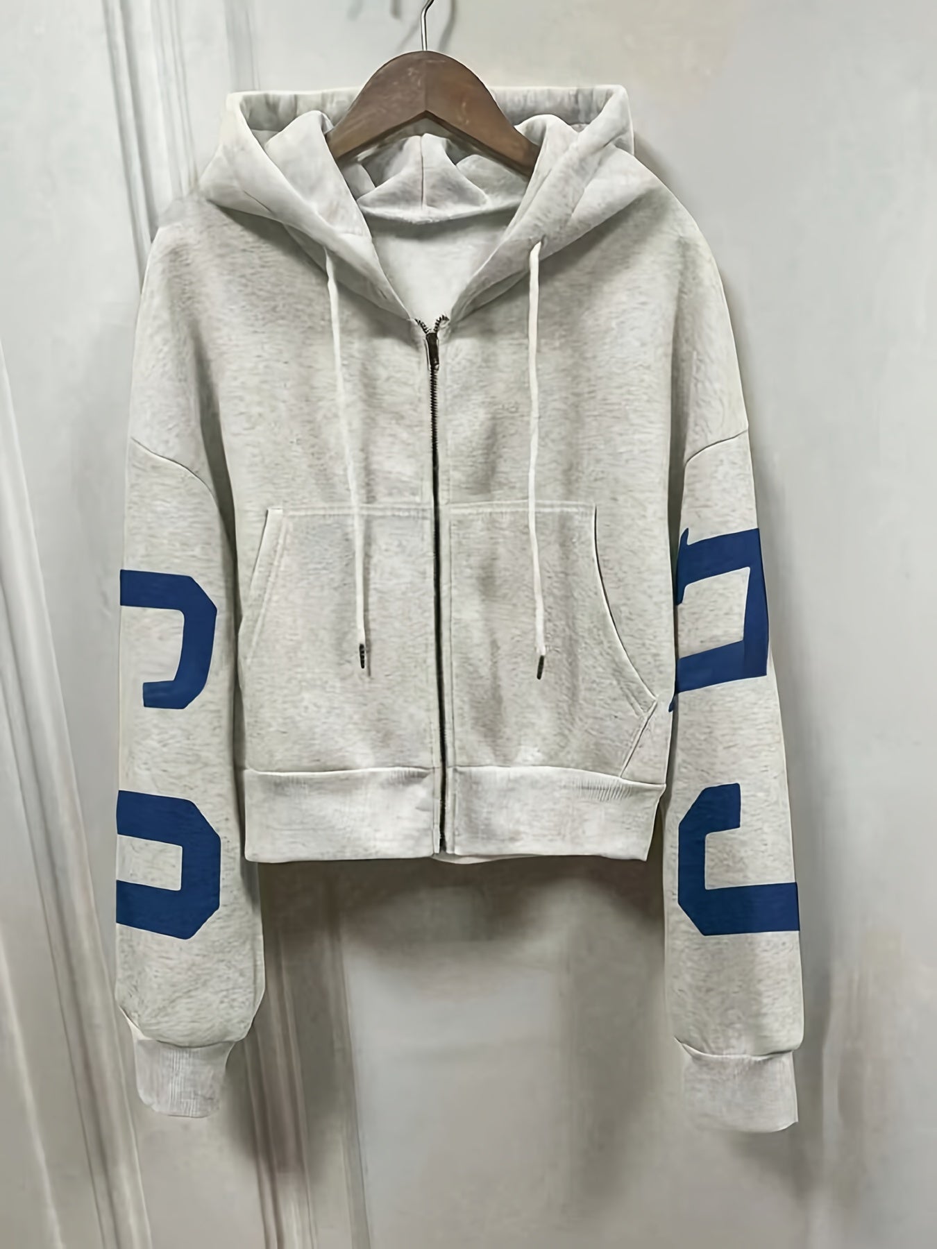 Women's Light Gray Zip-Up Hoodie with Blue Letter Print Y2K Style Casual Knit Fabric