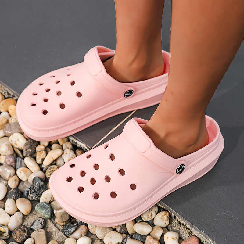 Women's Solid Color Clogs, Casual Hollow Out Garden Shoes, Slip-On Comfort