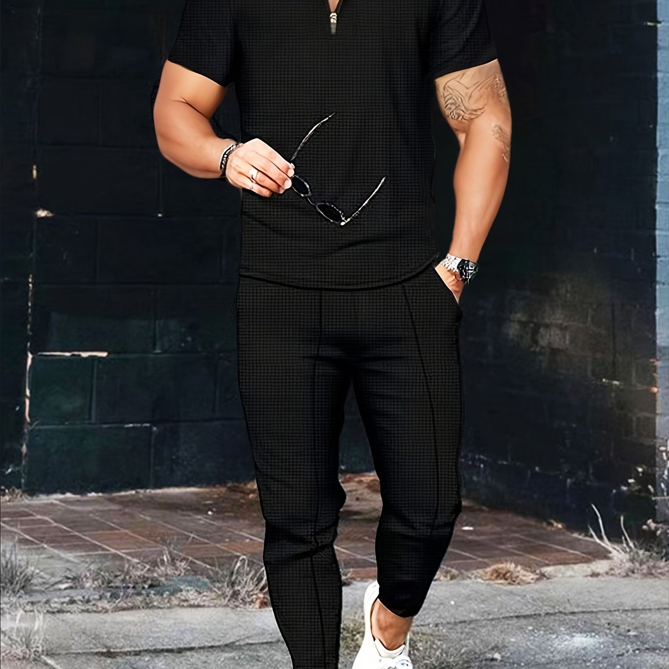 Men's Waffle Knit Two-Piece Set Short Sleeve Top Zipper Long Pants Casual