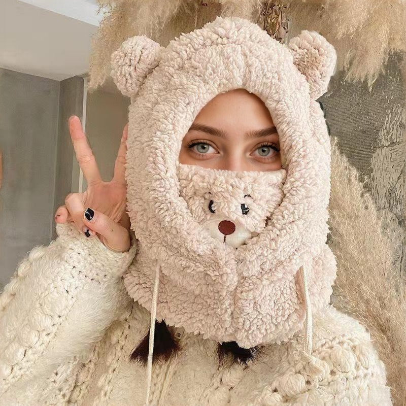 Women's Knitted Polyester Face Scarf Windproof Snowproof Neck Gaiter with Bear Design