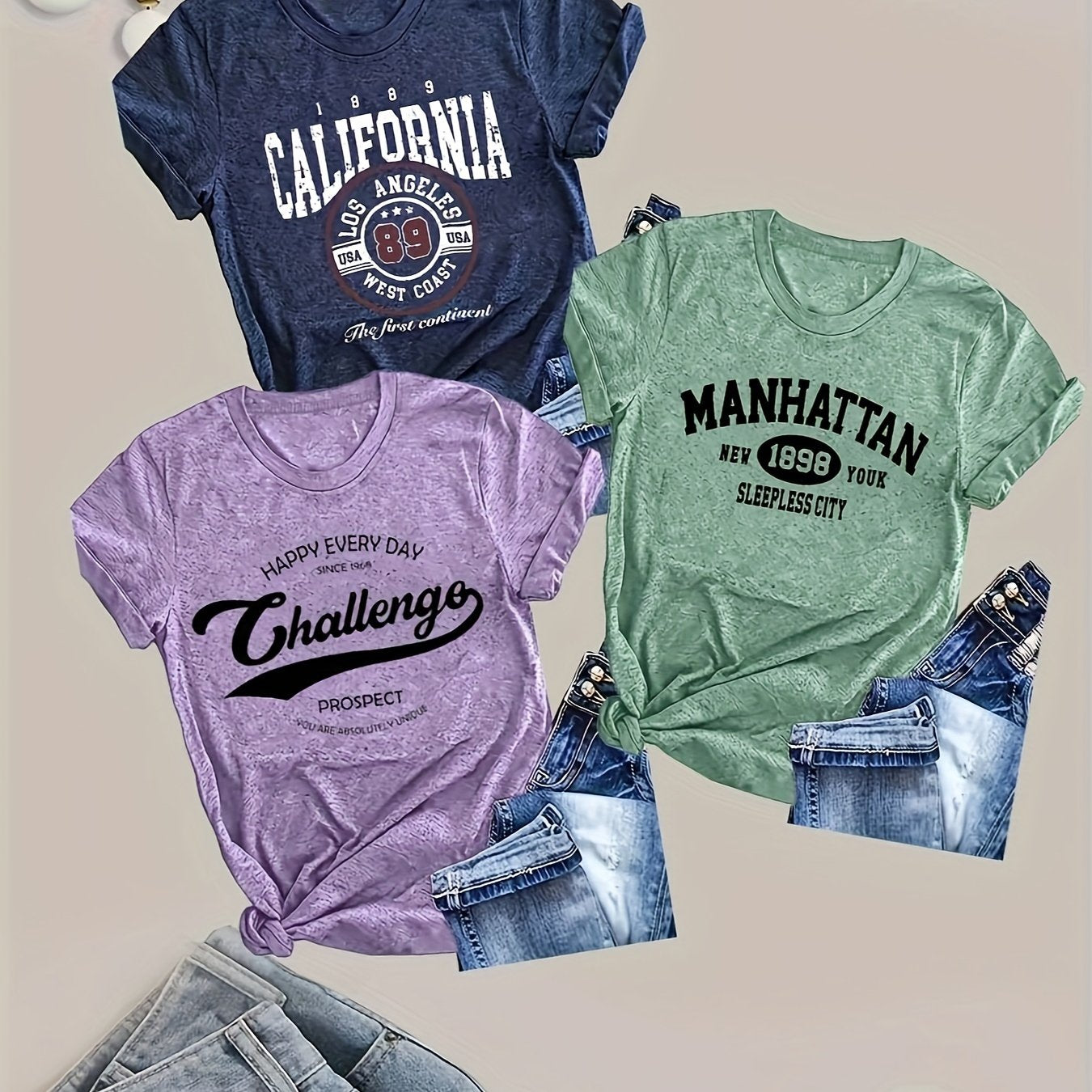 Women's Rayon Blend Casual T-Shirts Set Short Sleeve Letter Print