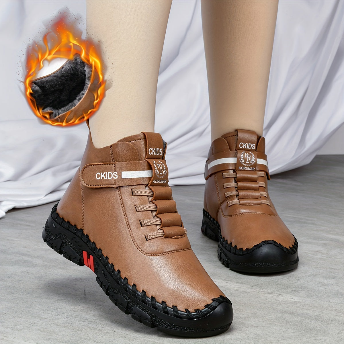 Women's Winter Ankle Boots Fleece-Lined Mid-Heel Casual Shoes Black White Plus Size