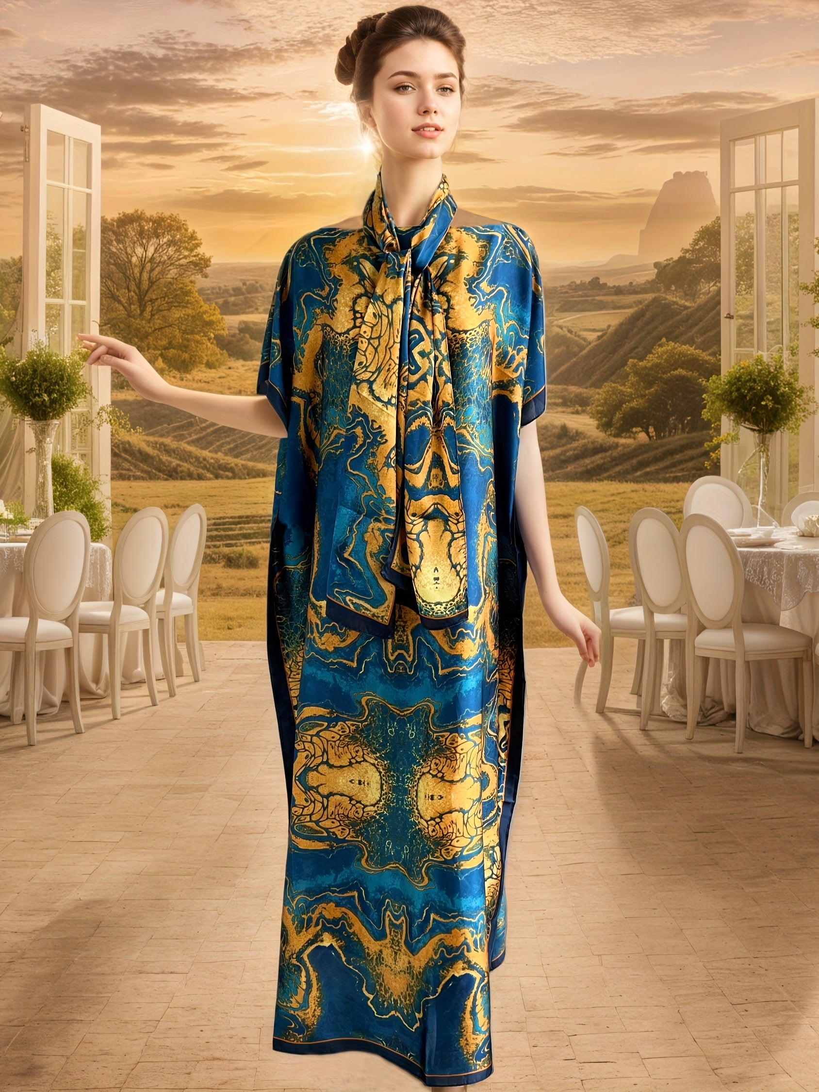 Ayollar uchun kattaroq o'lchamdagi gul bosma batwing ko'krakli maksi kiyim, kundalik va rasmiy, barcha mavsumlar uchun