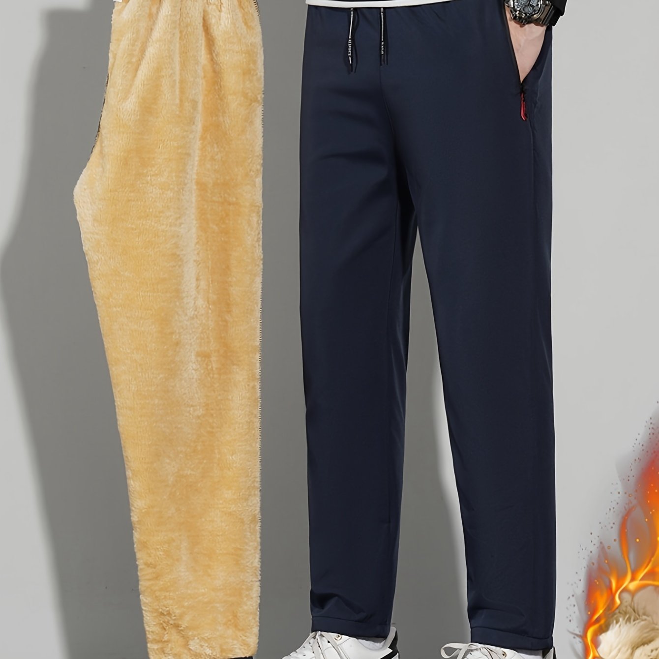 Men's Winter Fleece-Lined Casual Pants Solid Polyester Regular Fit Zipper Details