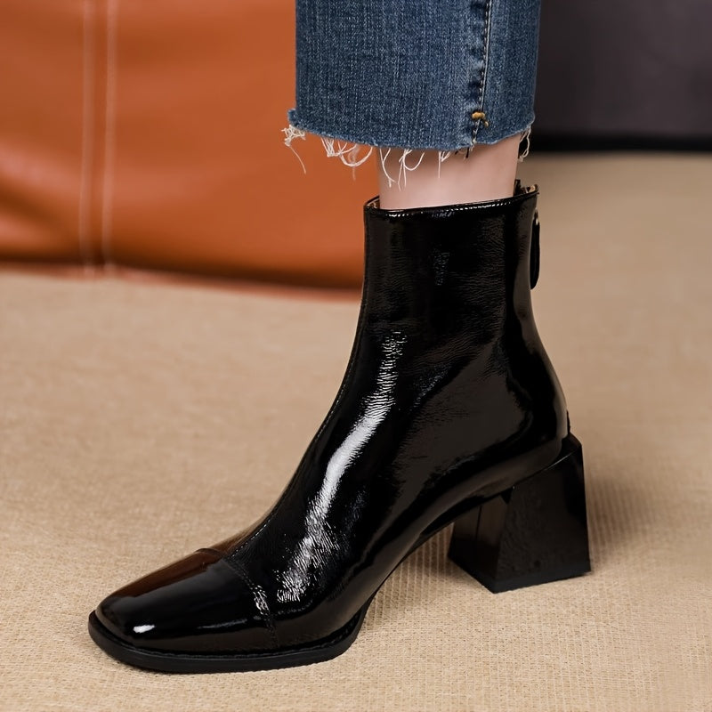 Women Ankle Boots Square Toe Faux Leather Chunky Heel All-Season