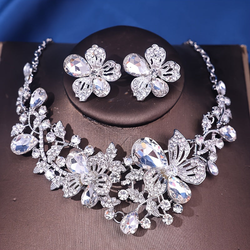 Romantic Flower Shaped Rhinestone Necklace and Earrings Set for Formal Dress