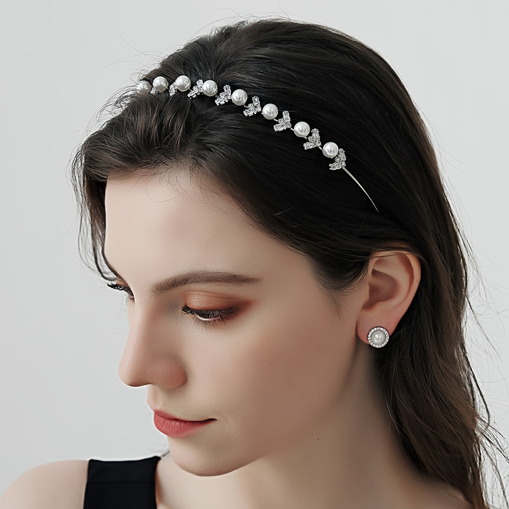 Silvery Rhinestone Crystal Hairband with Faux Pearls for Bridal Parties Weddings