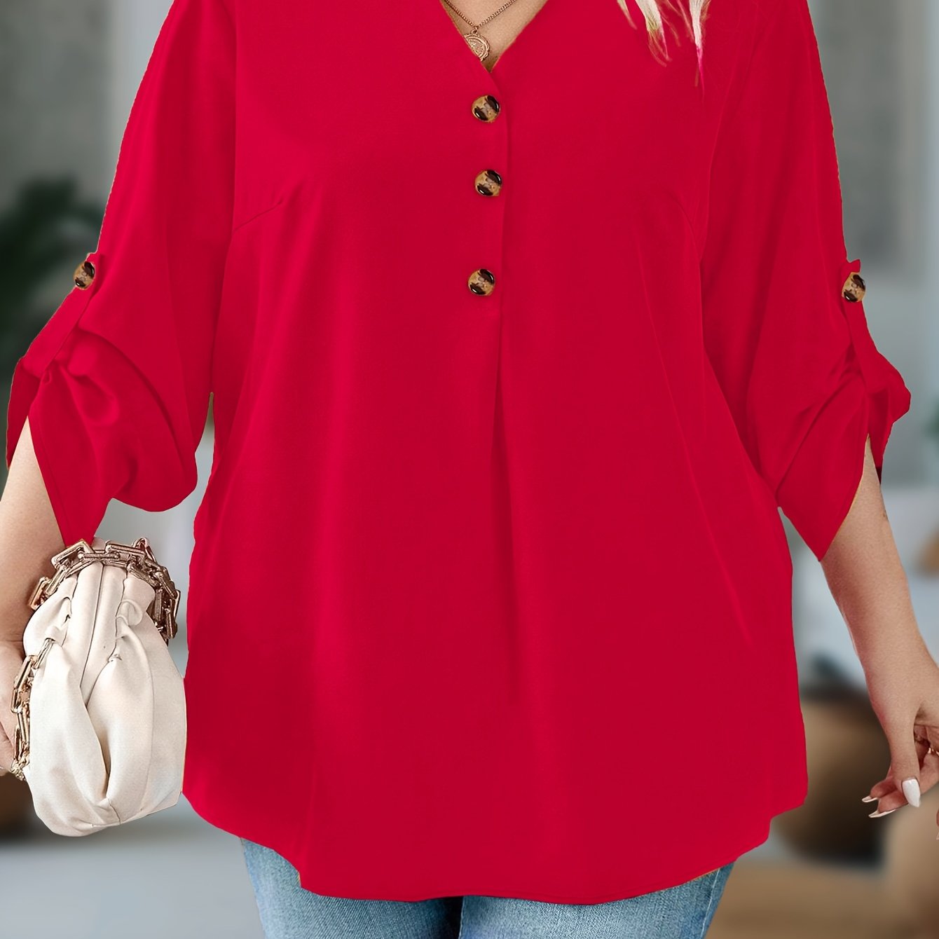 Plus o'lcham ayollar uchun V-yuqa kofta uzun qollik nafis to'liq rangli kundalik rasmiy