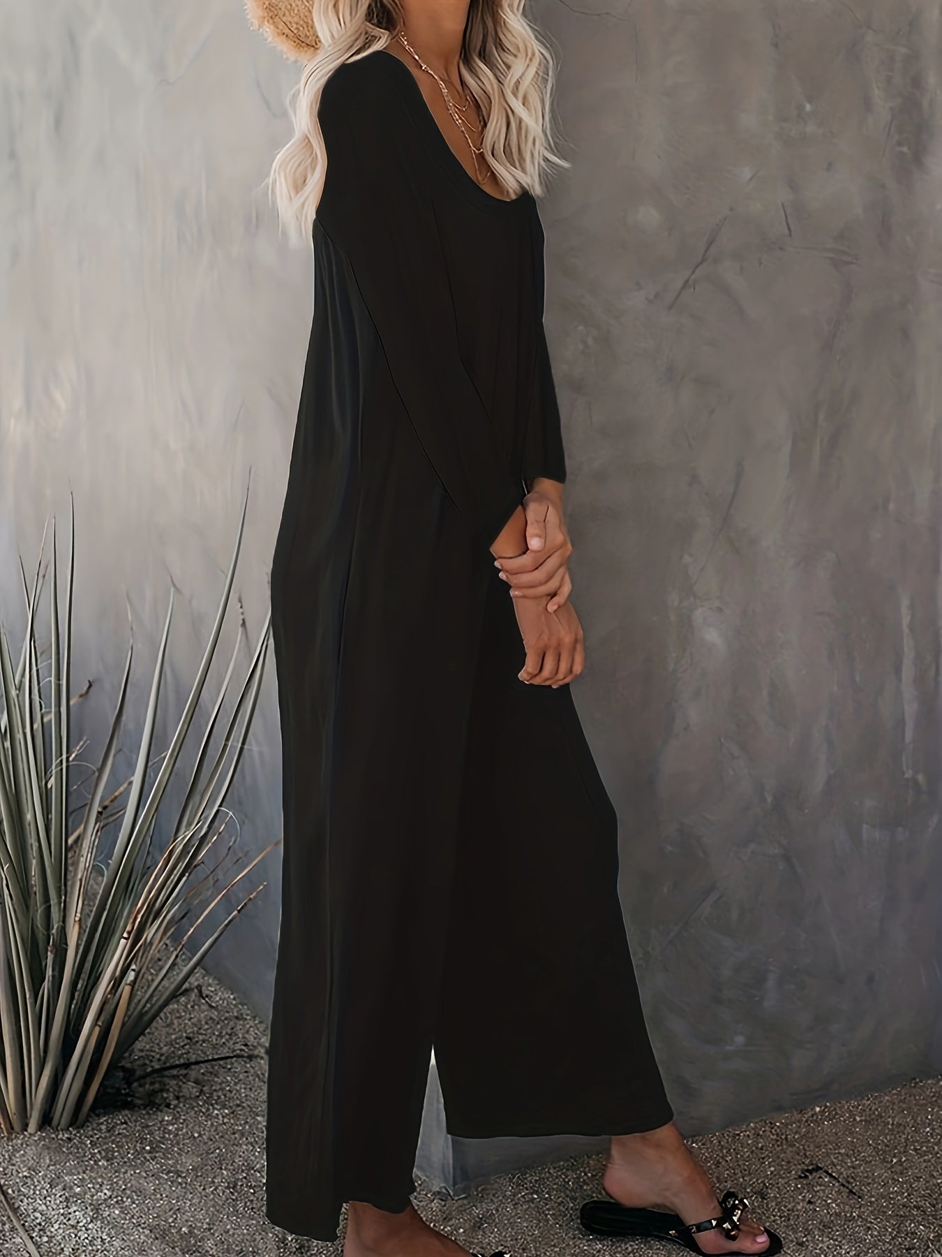 Women's Long Sleeve Jumpsuit with Pockets, Wide-Leg Lounge Pants, All-Season Comfort