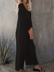 Women's Long Sleeve Jumpsuit with Pockets, Wide-Leg Lounge Pants, All-Season Comfort