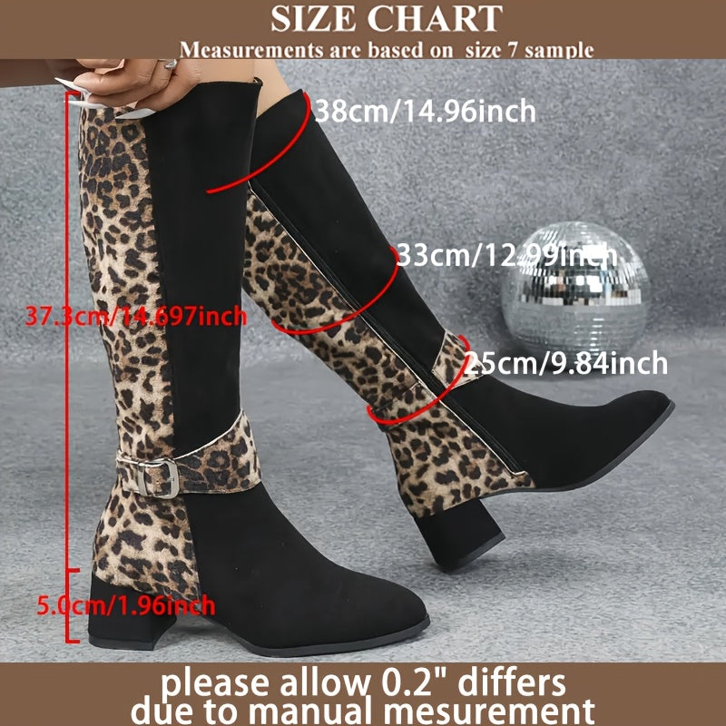 Women's Leopard Print Patchwork Mid-Heel Knight Boots with Zipper