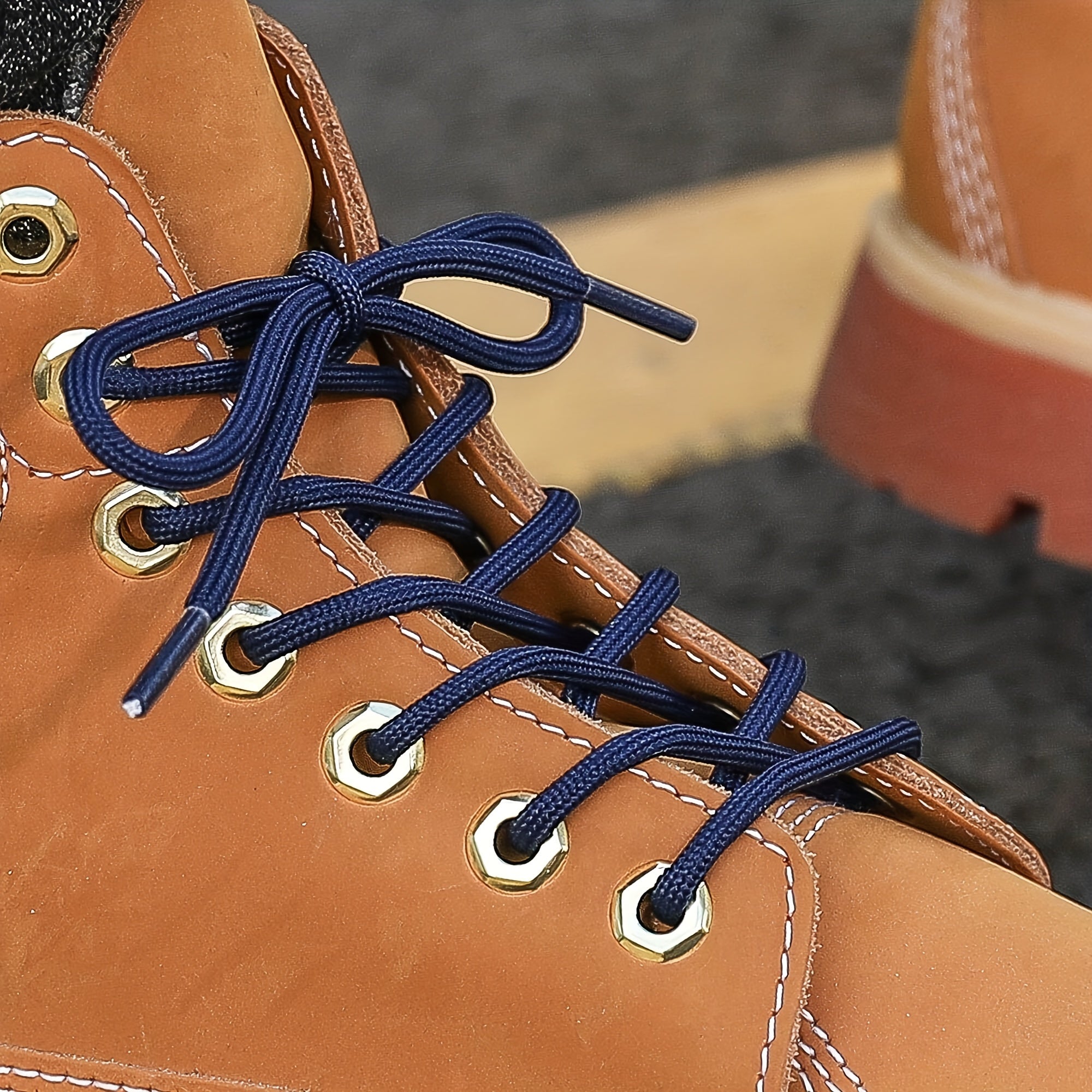 Navy Blue Round Shoelaces for Hiking Work Boots Casual Outfit