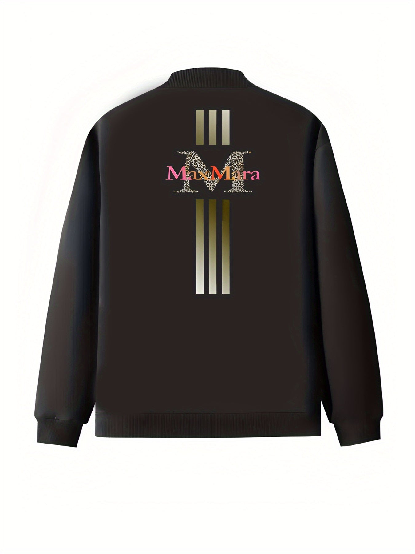 Women's Plus Size Casual Black Zip-Up Jacket with Golden Stripes