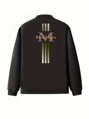 Women's Plus Size Casual Black Zip-Up Jacket with Golden Stripes