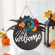 Wooden Halloween Door Sign Yellow Black Wreath Welcome Decoration