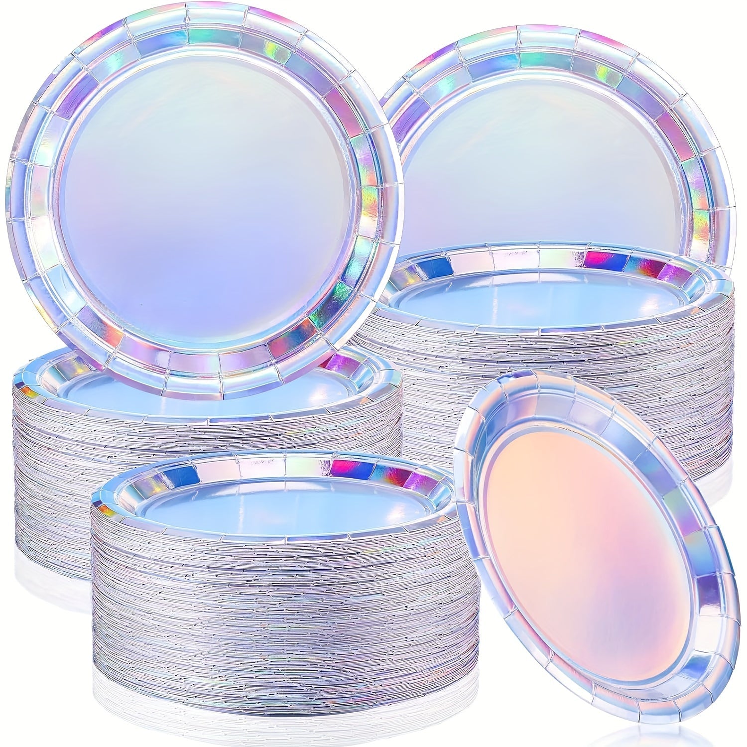 Set of 10/30 Rainbow Holographic Disposable Plates 17.78cm Round Party Dinnerware