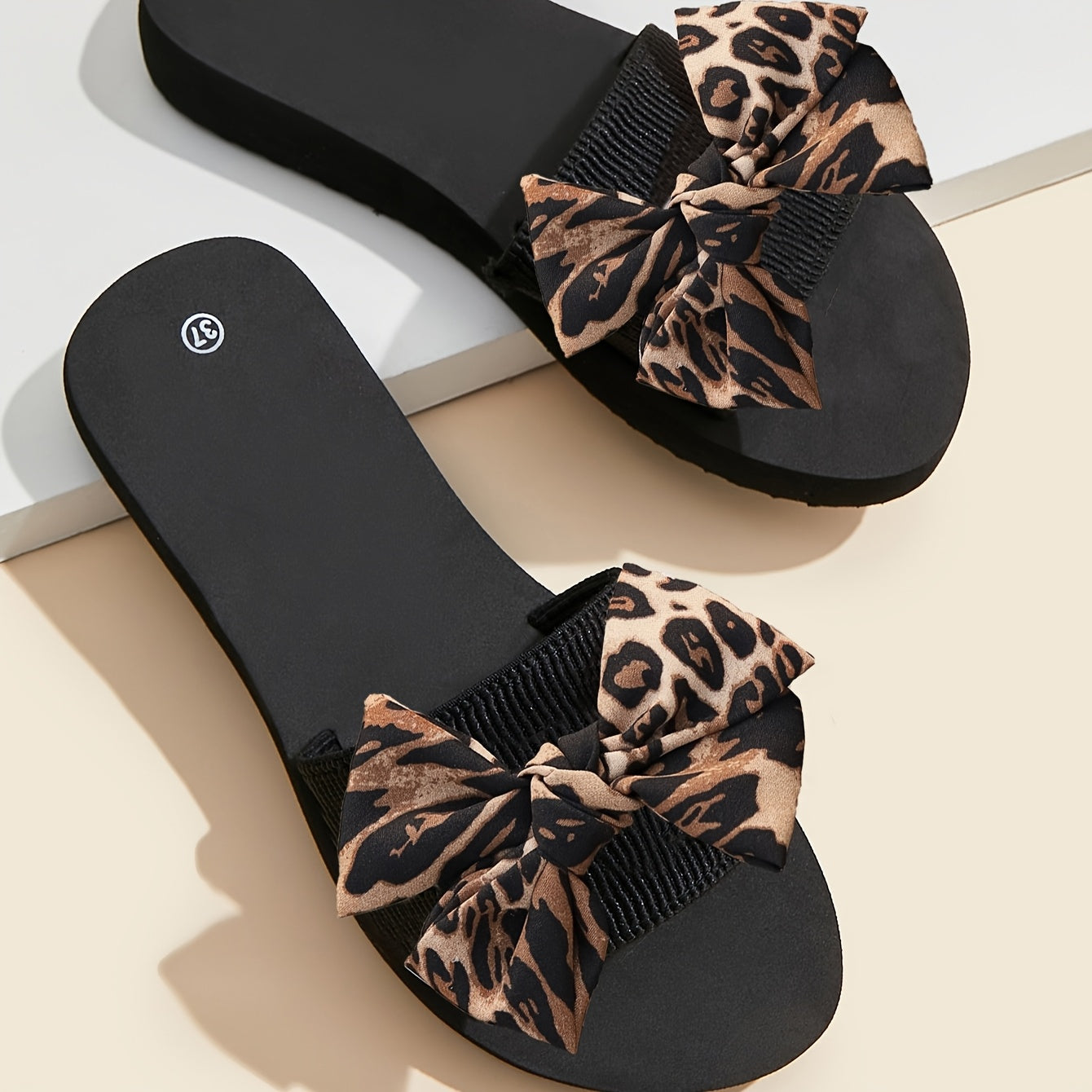 Women Leopard Print Bowknot Slides Open Toe Flat Sandals Summer