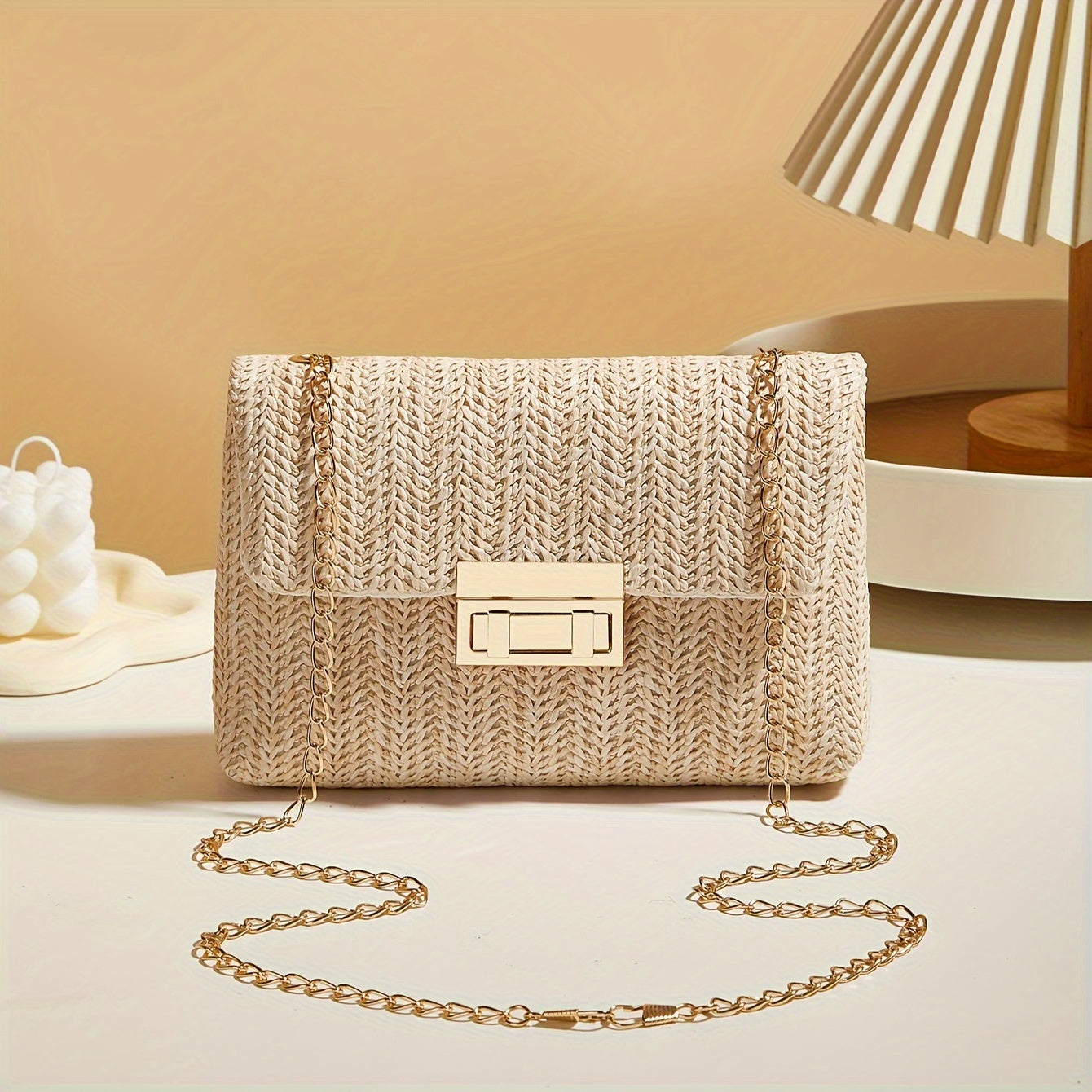 Bolso de hombro de tela entretejida para mujer con correa de cadena y hebilla de cierre, bandolera casual, color beige caqui
