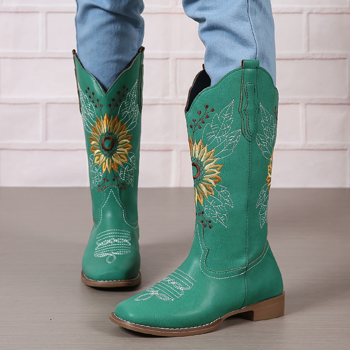 Women's Faux Leather Embroidered Mid Calf Western Boots