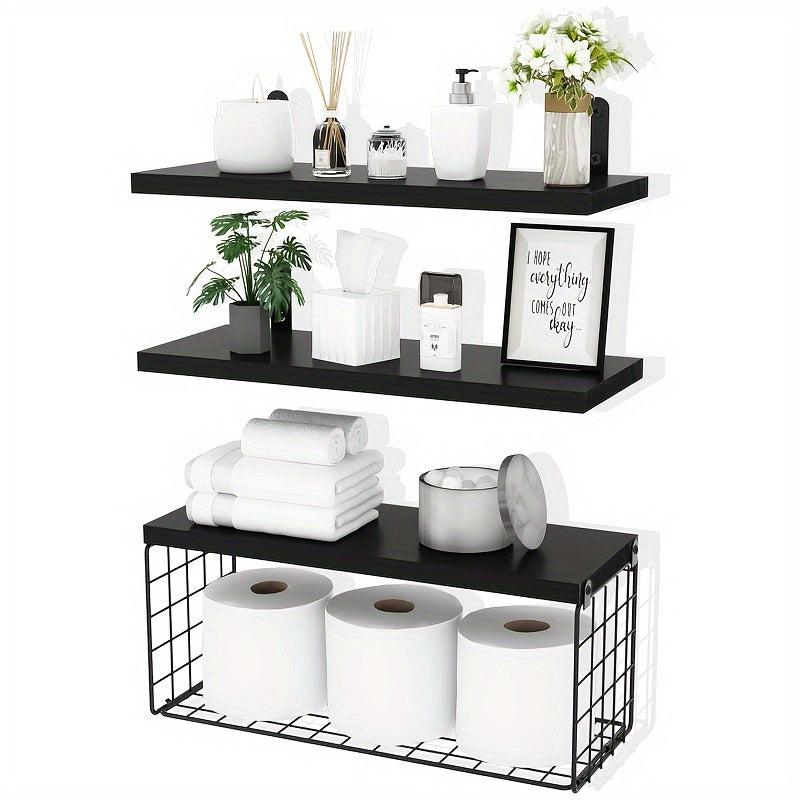 Wooden Bathroom Storage Rack with Paper Towel and Toilet Paper Baskets