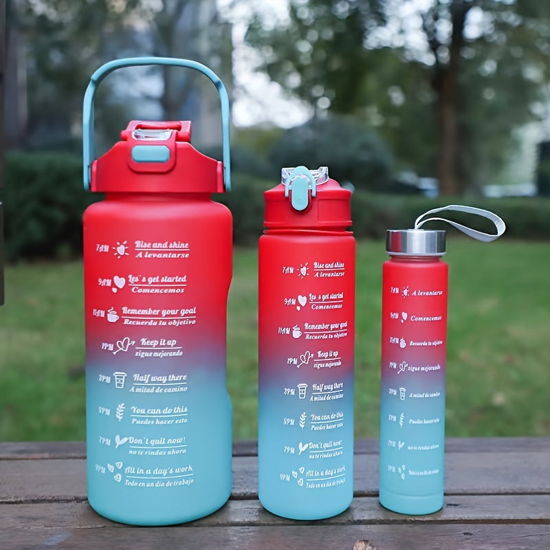 Set of 3 Motivational Water Bottles 2000ml 800ml 300ml with Straw and Sleeve