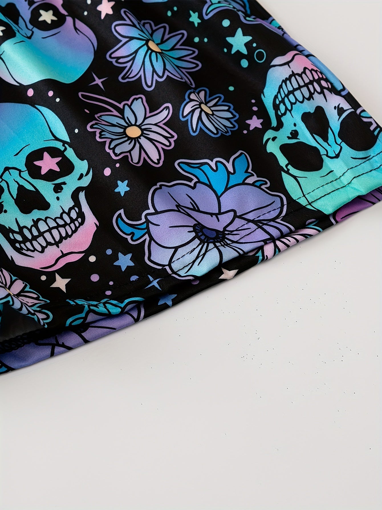 Women's Gothic Sleepwear Pajama Set with Skull and Floral Print Backless Cami Top and Elastic Shorts