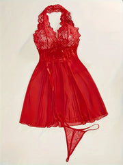 Sheer Lace Lingerie Set with Halter Neck and Bow Detail Includes Slip Dress and Thong