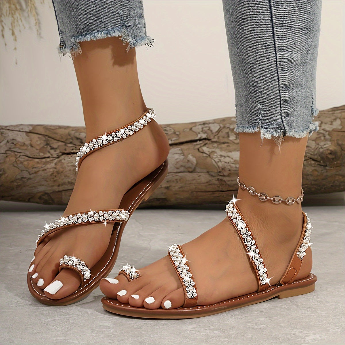 Women's Flat Sandals Rhinestone Faux Pearl Toe Loop Summer Beach Shoes