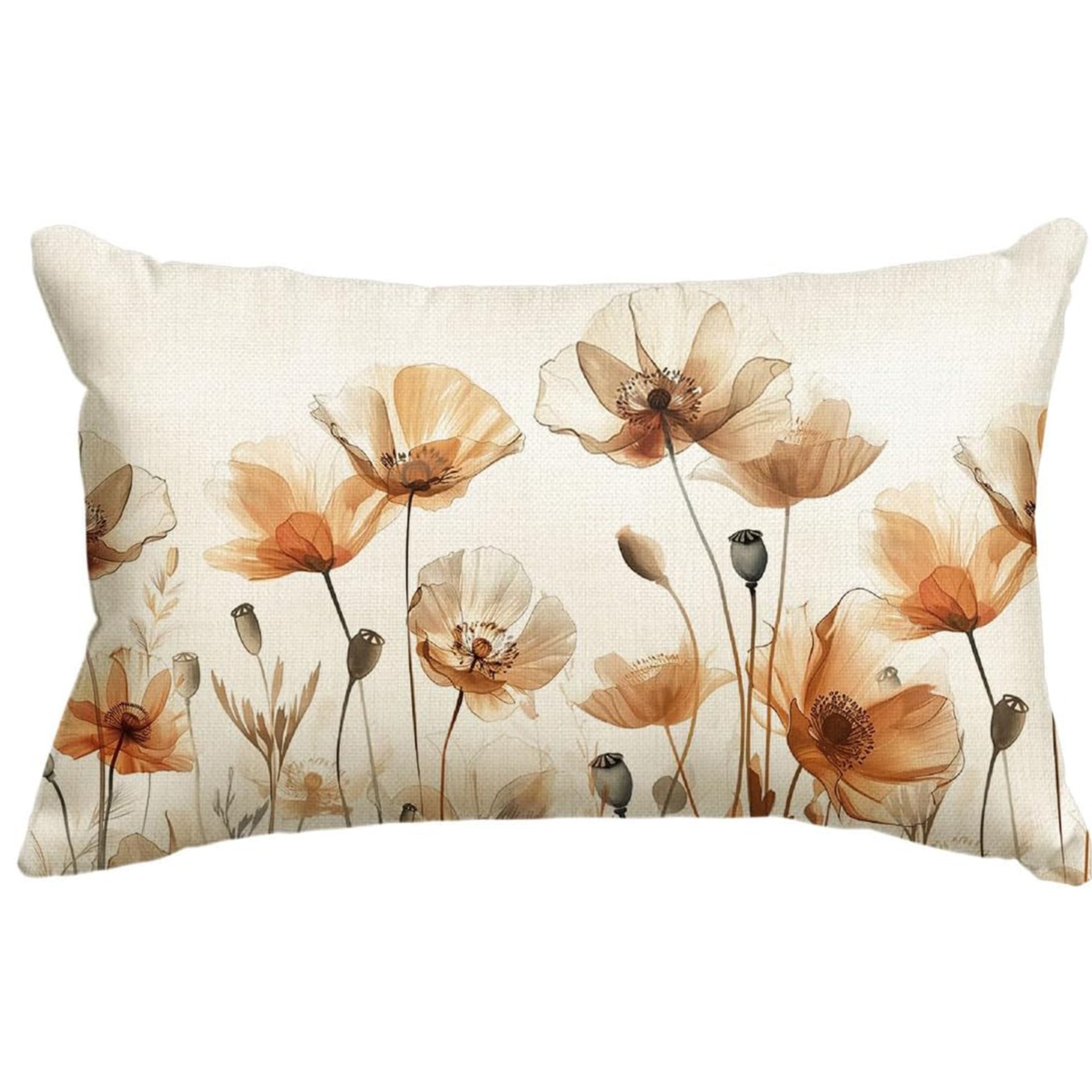 Autumn Poppy Floral Throw Pillow Cover 30x50 Linen Blend Fall Orange Brown