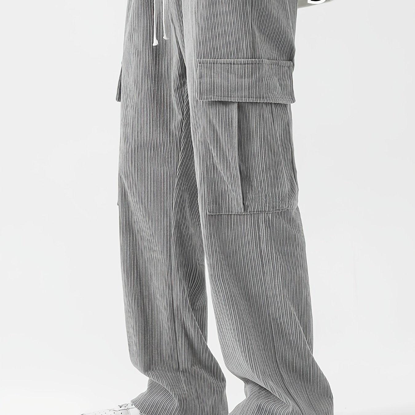 Pantalones cargo de pana gris claro para hombre con múltiples bolsillos y cintura con cordón para otoño e invierno, grandes y altos